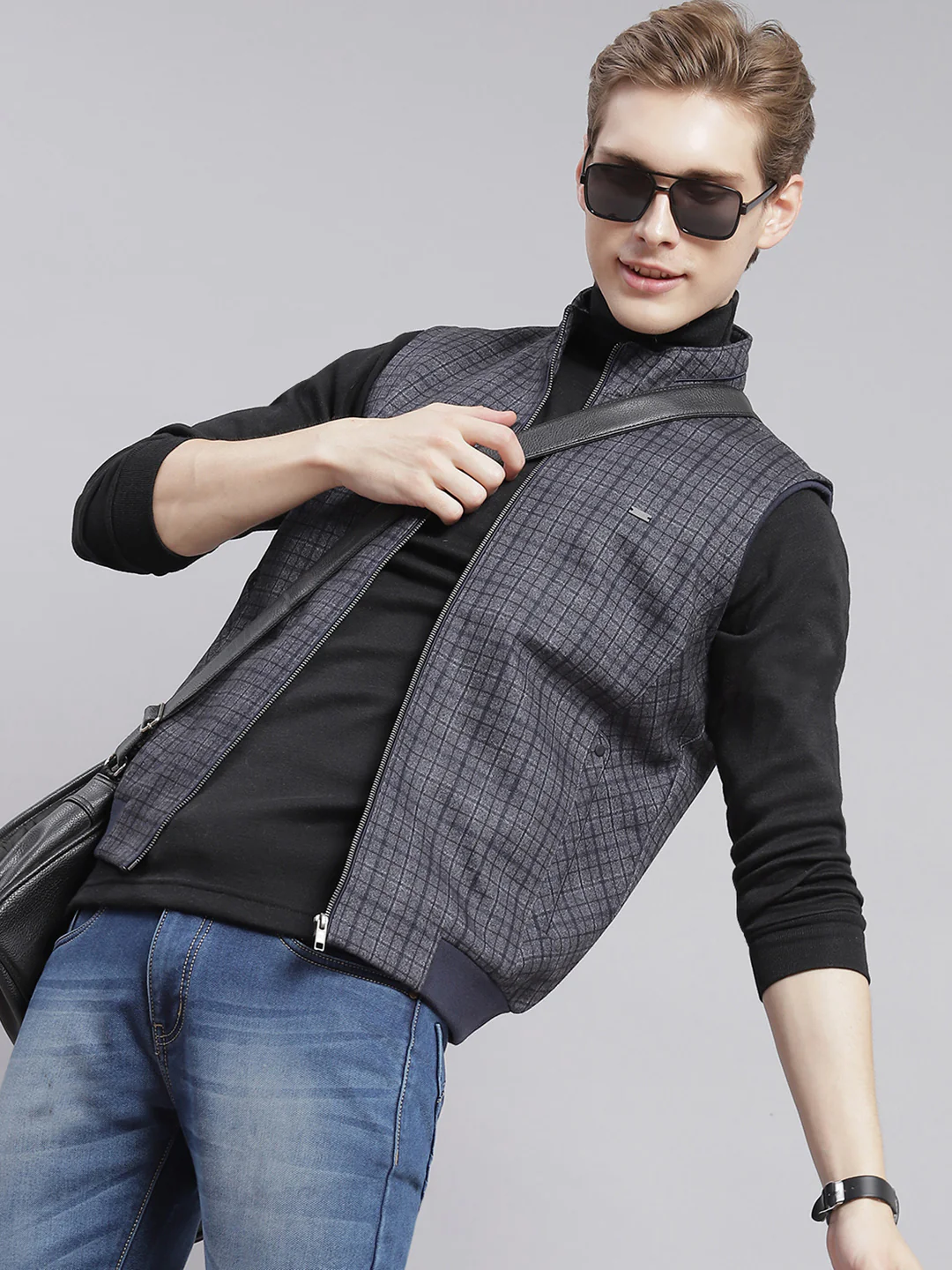 Men Grey Check Stand Collar Sleeveless Jackets - Image 2