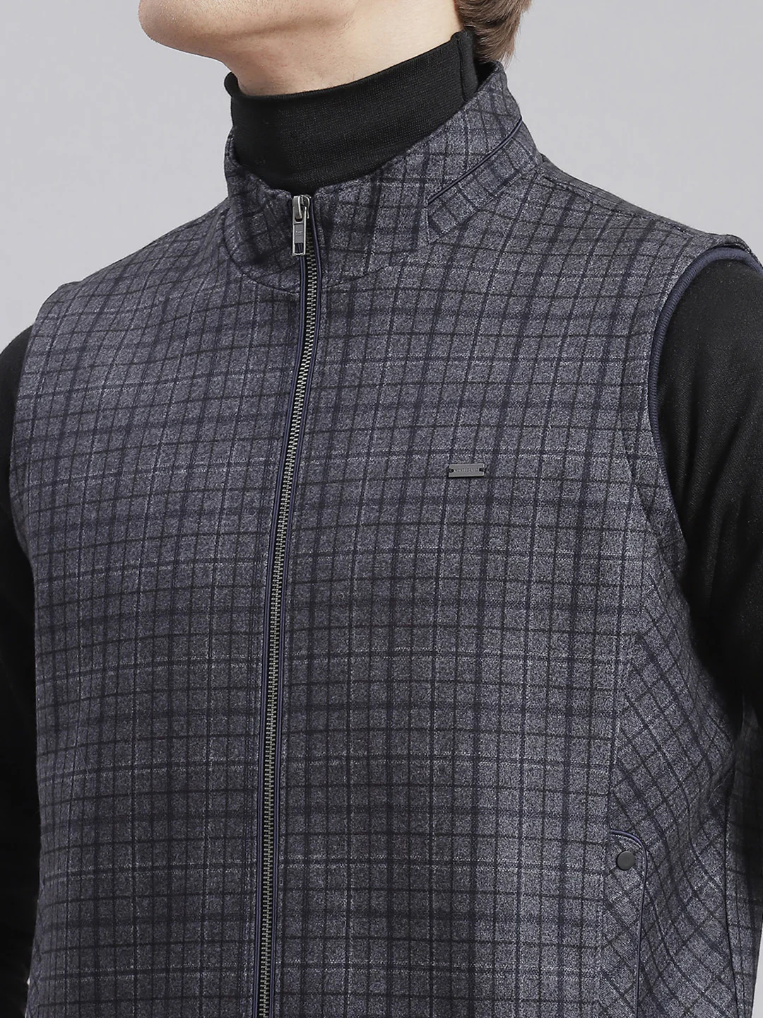 Men Grey Check Stand Collar Sleeveless Jackets - Image 7