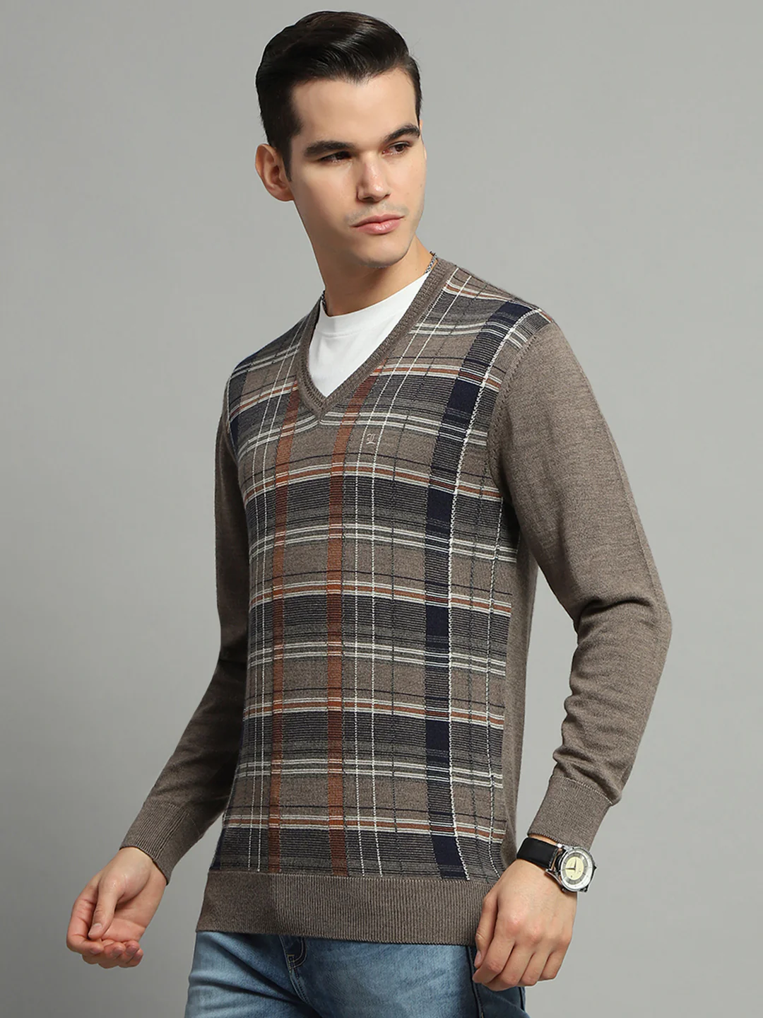 Luxuria Men Grey Check V Neck Full Sleeve Pullover - Image 3