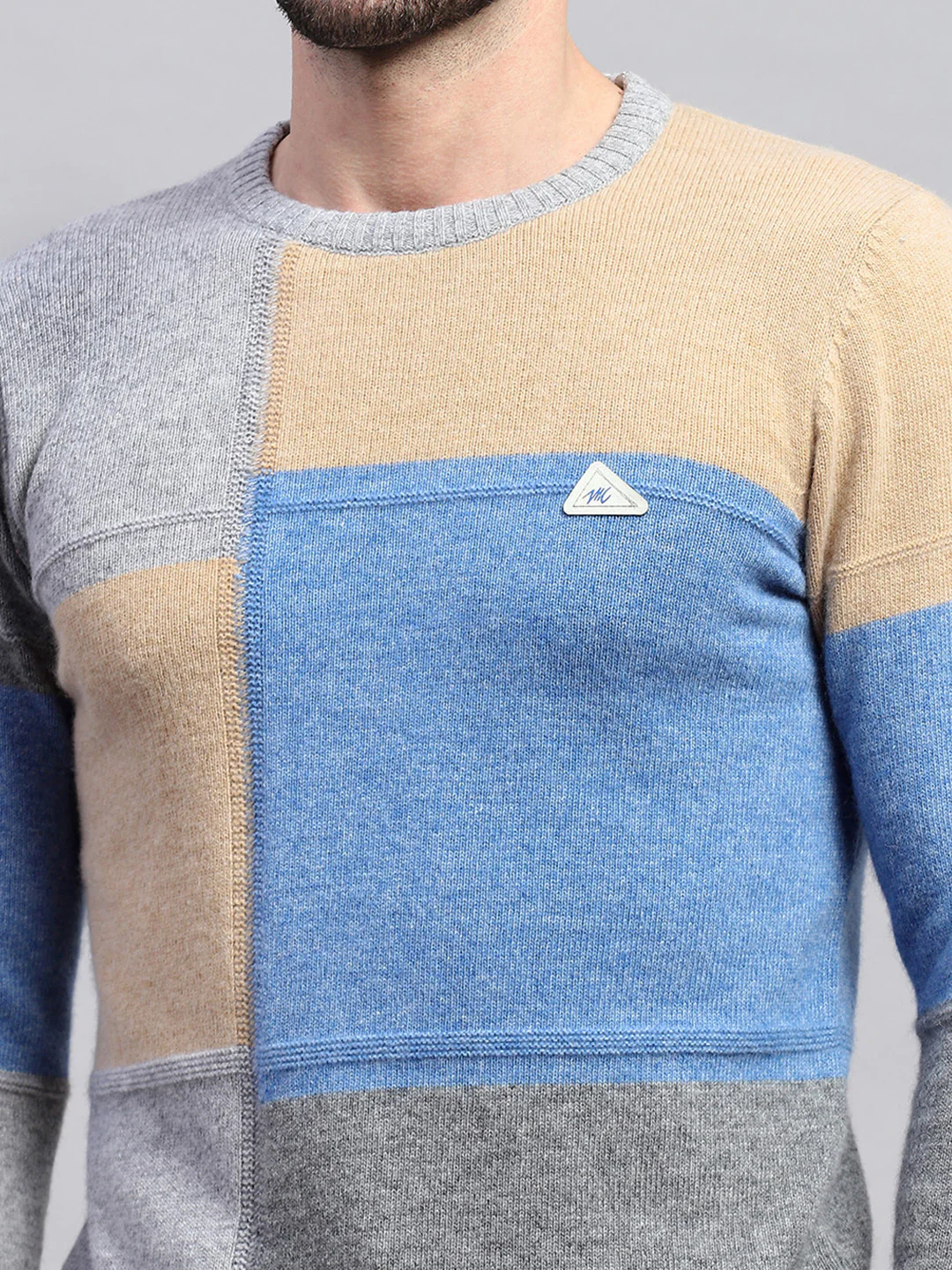 Men Grey Colourblocked Round Neck Full Sleeve Pullover - Image 6