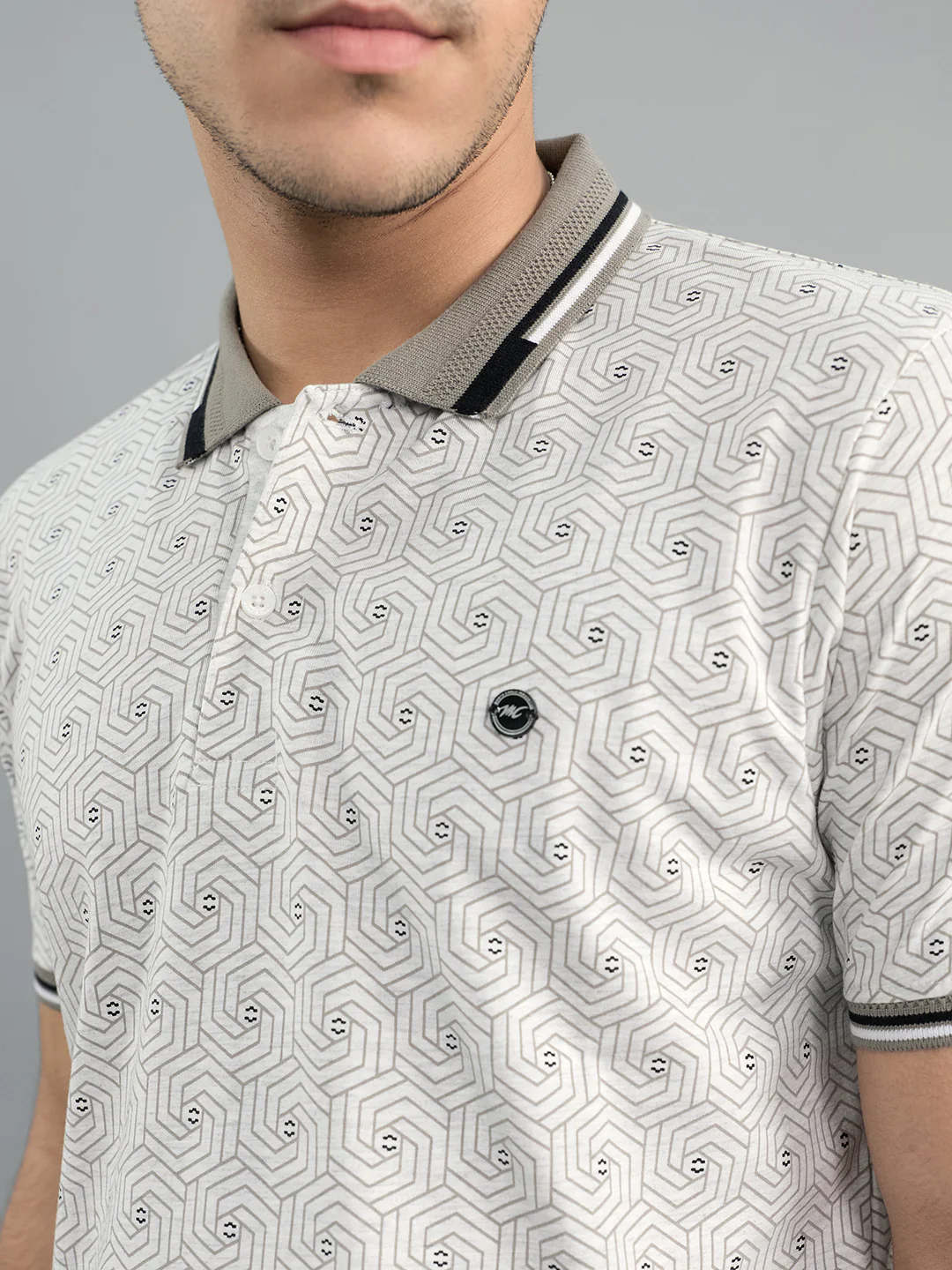 Men Grey Geometric Polo Collar Half Sleeve T-Shirt - Image 5