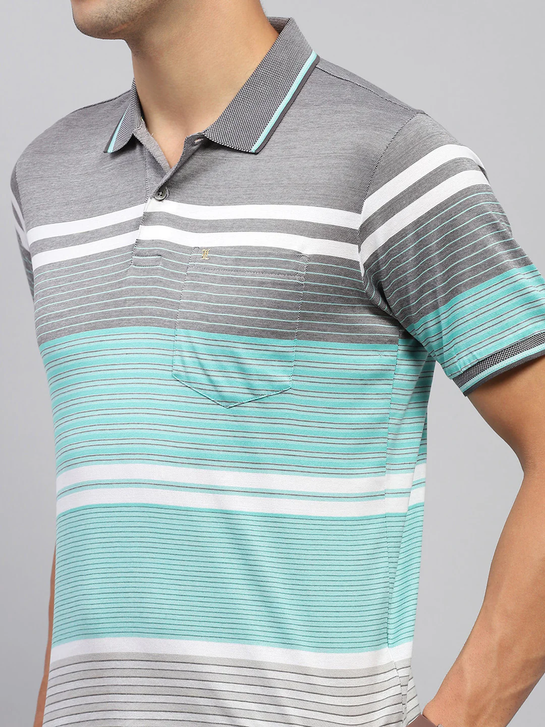 Men Grey & Green Stripe Collar Half Sleeve T-Shirt - Image 6