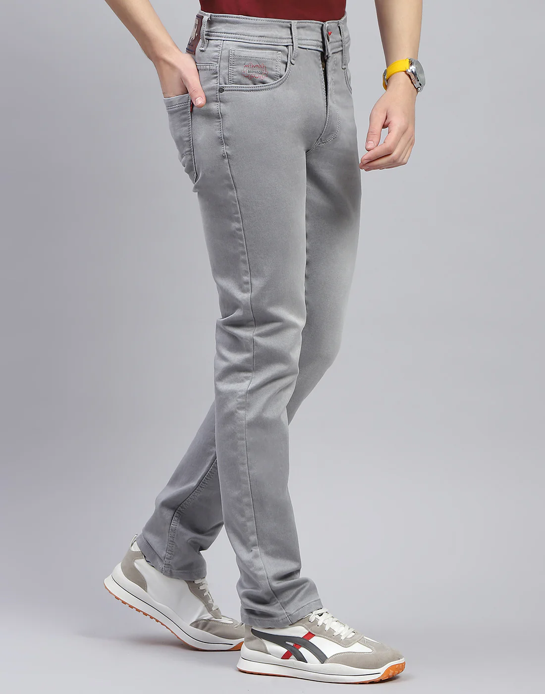 Men Grey Light Wash Narrow Fit Denim - Image 4