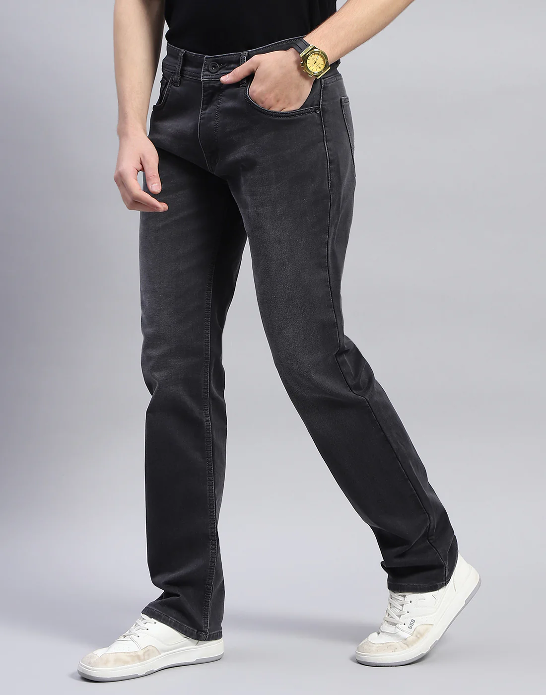 Men Grey Light Wash Narrow Fit Denim - Image 3