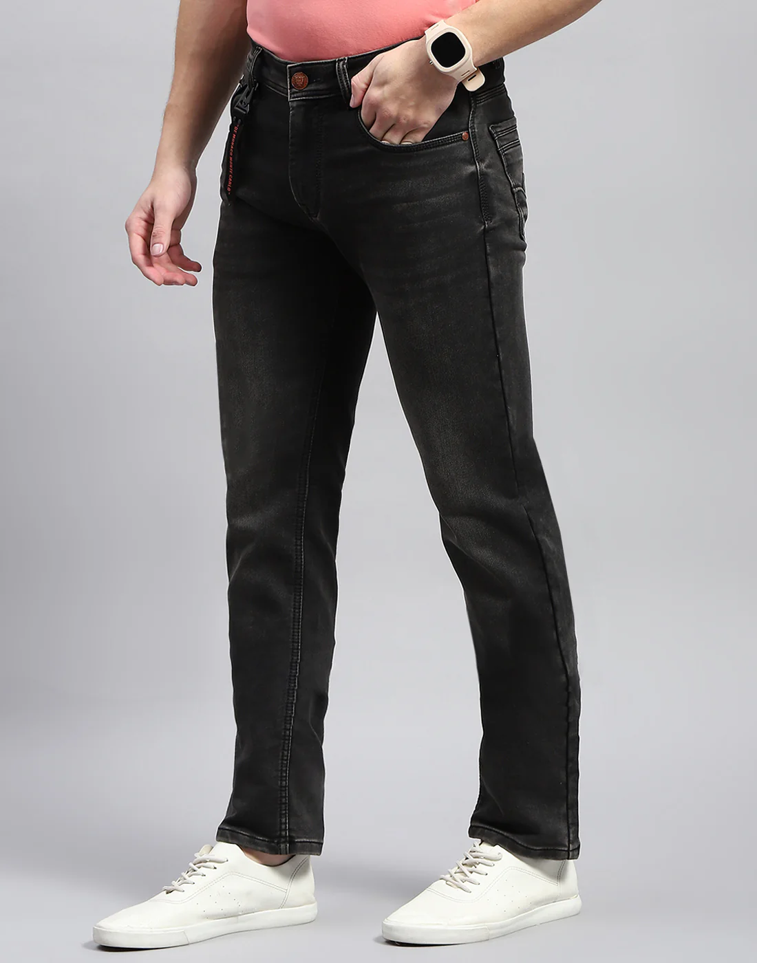 Men Grey Light Wash Narrow Fit Denim - Image 3