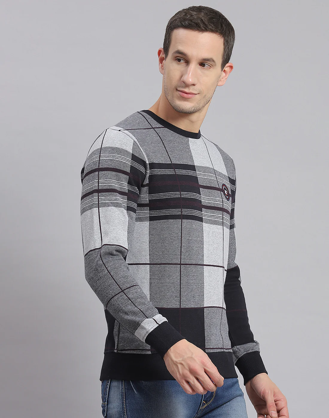 Men Grey Melange Check Round Neck Full Sleeve Sweatshirt - Image 4