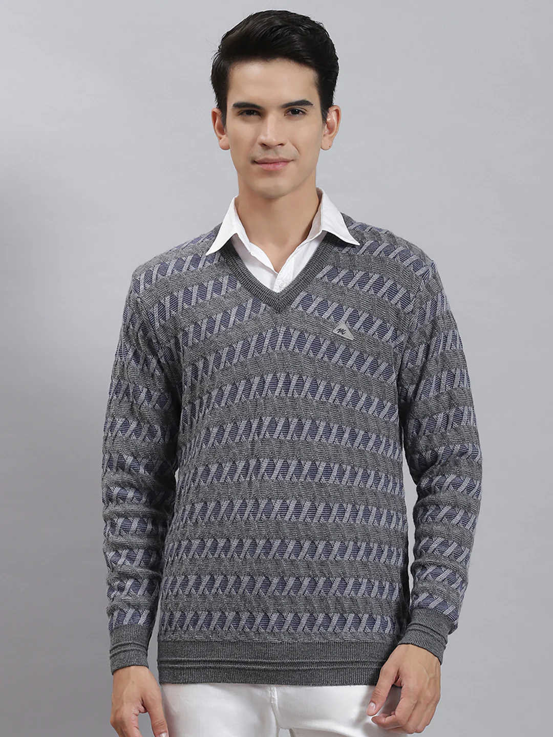Men Grey Melange Self Design V Neck Full Sleeve Sweaters/Pullovers - Image 2