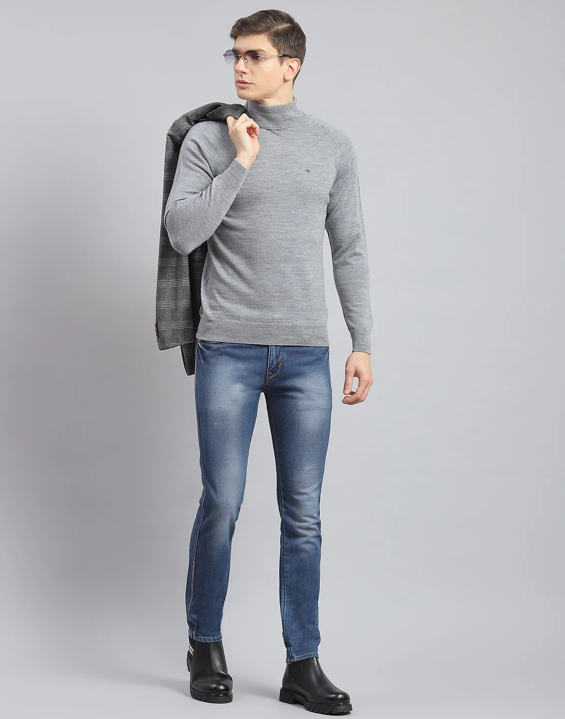 Men Grey Melange Solid H Neck Full Sleeve Pullover - Image 2