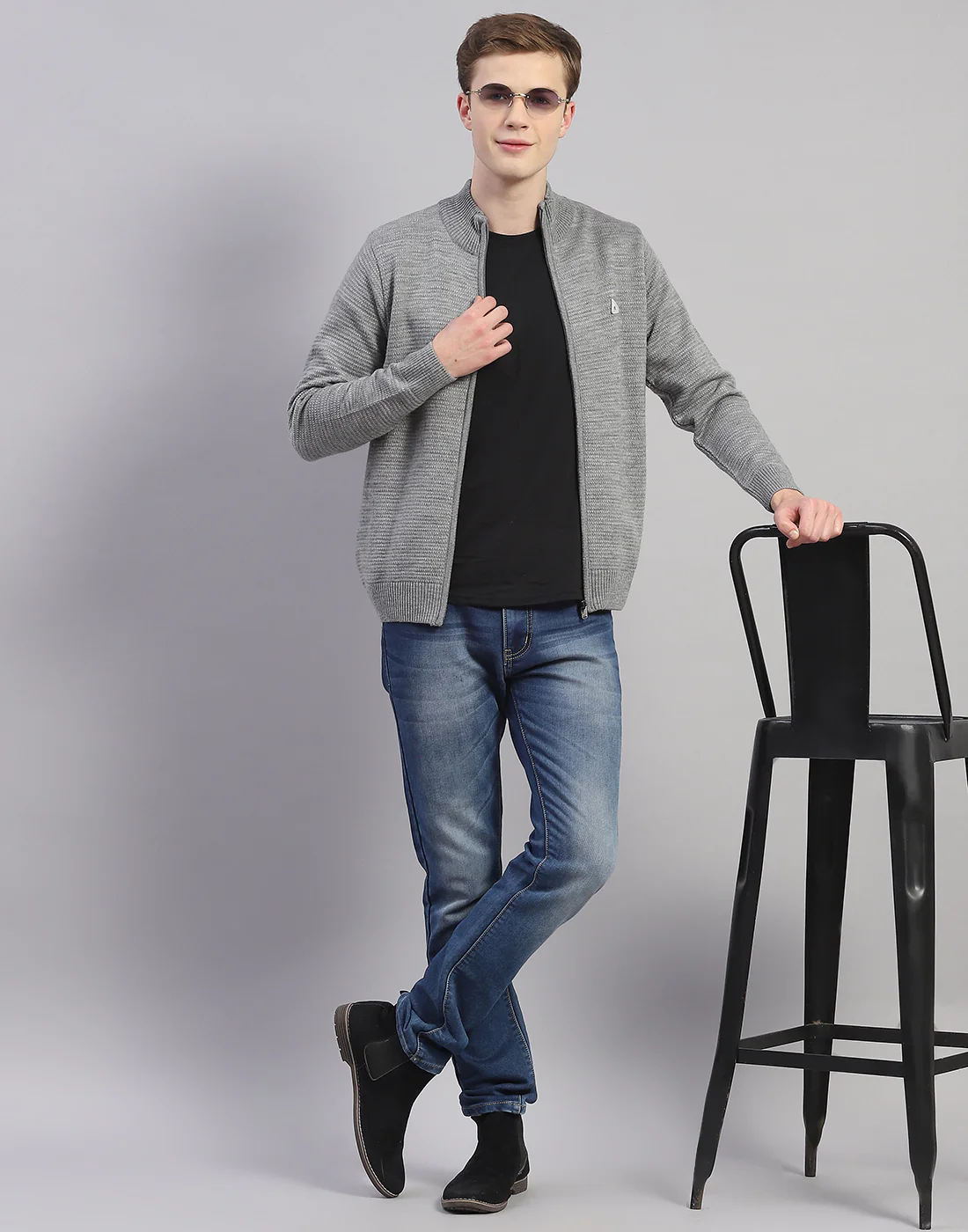 Men Grey Melange Solid H Neck Full Sleeve Pullover - Image 2