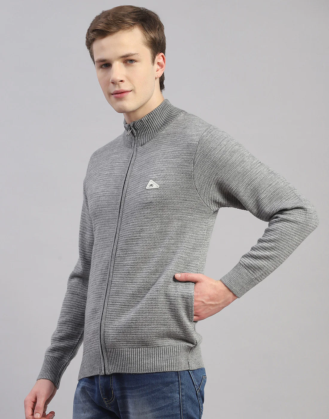 Men Grey Melange Solid H Neck Full Sleeve Pullover - Image 3