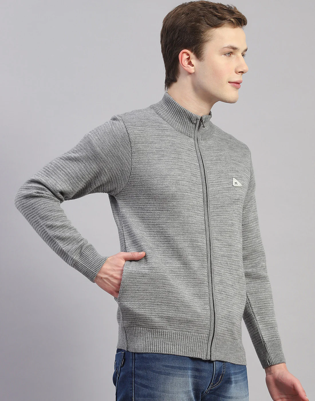 Men Grey Melange Solid H Neck Full Sleeve Pullover - Image 4