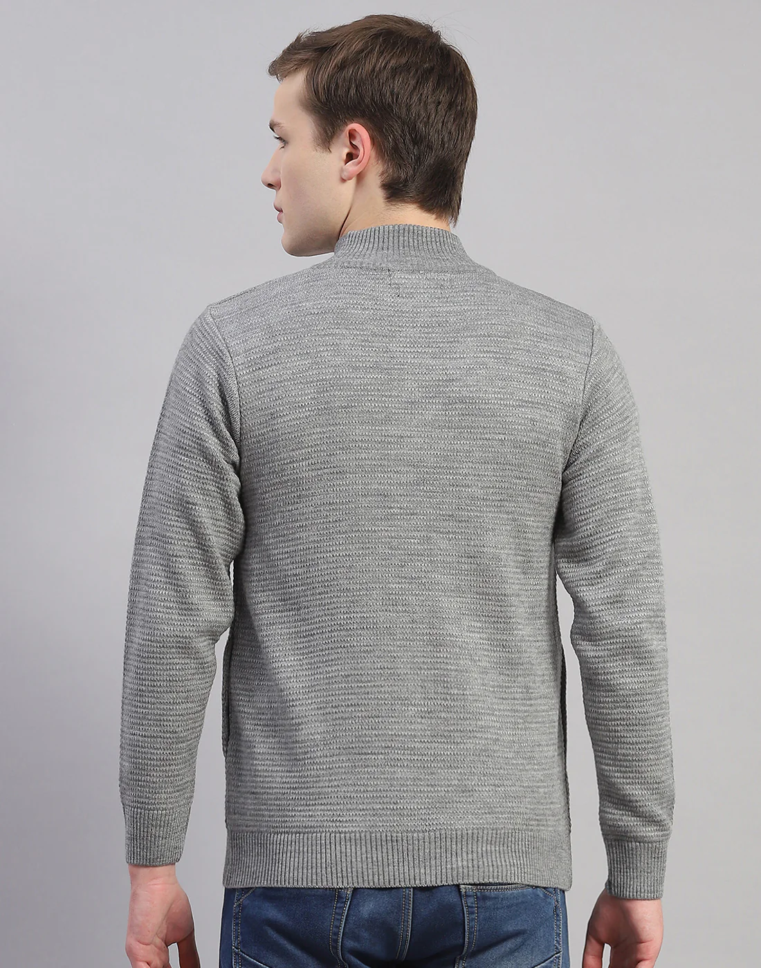 Men Grey Melange Solid H Neck Full Sleeve Pullover - Image 5
