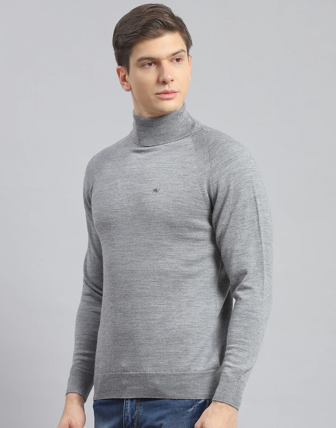 Men Grey Melange Solid High Neck Full Sleeve Pullover - Image 3