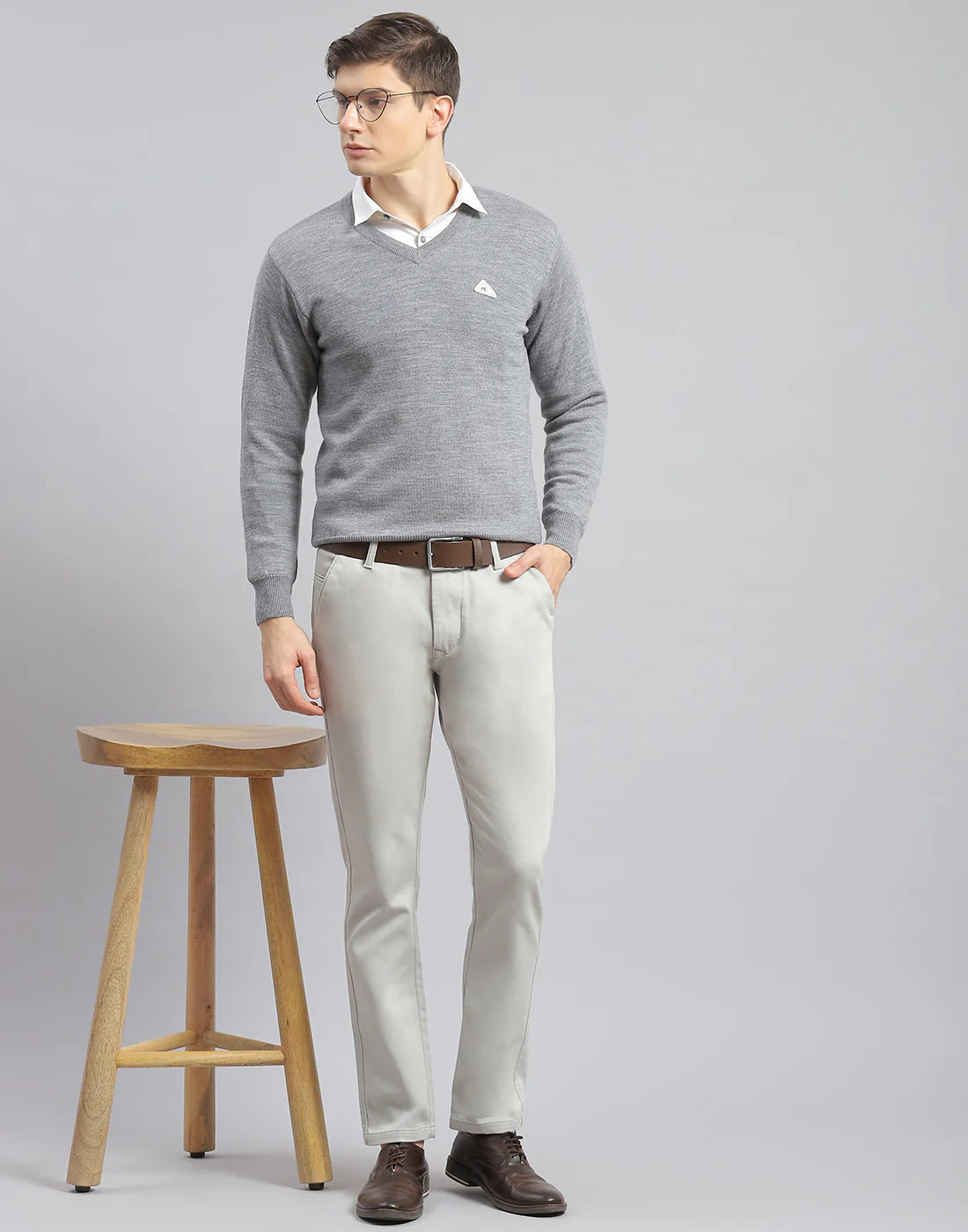 Men Grey Melange Solid V Neck Full Sleeve Pullover - Image 2