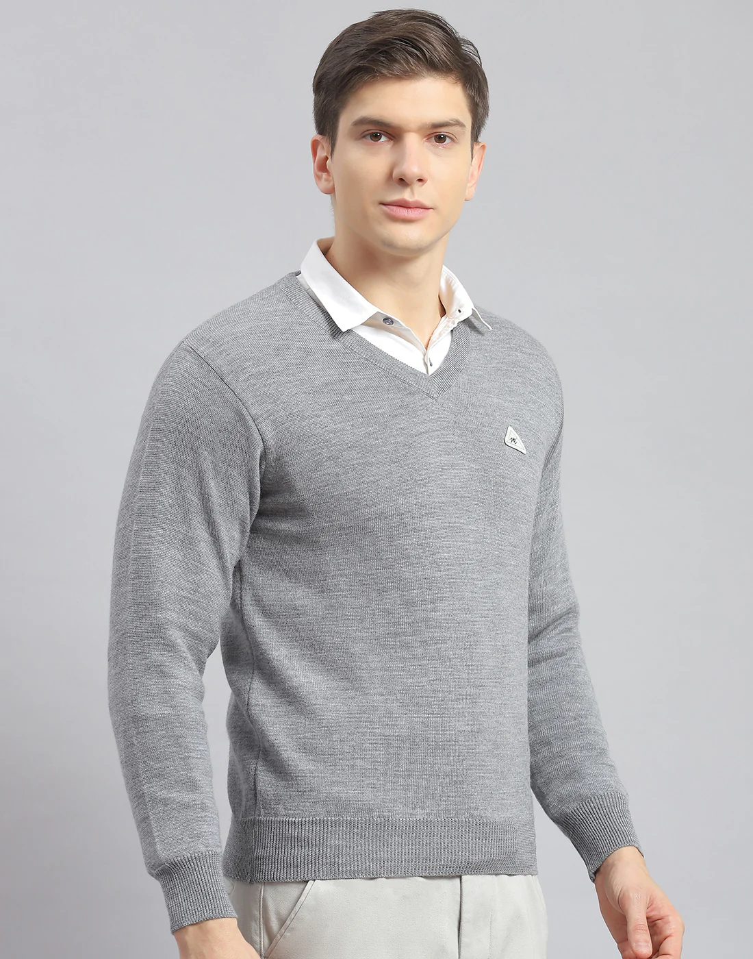 Men Grey Melange Solid V Neck Full Sleeve Pullover - Image 4
