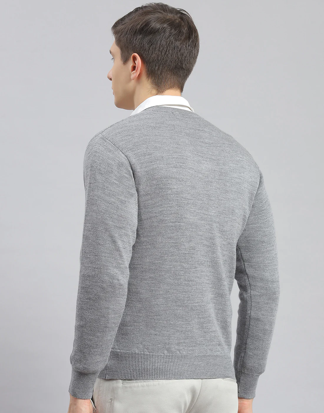 Men Grey Melange Solid V Neck Full Sleeve Pullover - Image 5