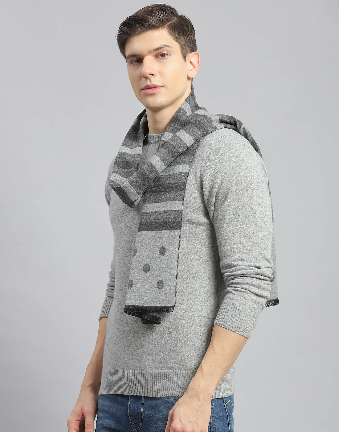 Men Grey Melange Stripe Muffler - Image 3
