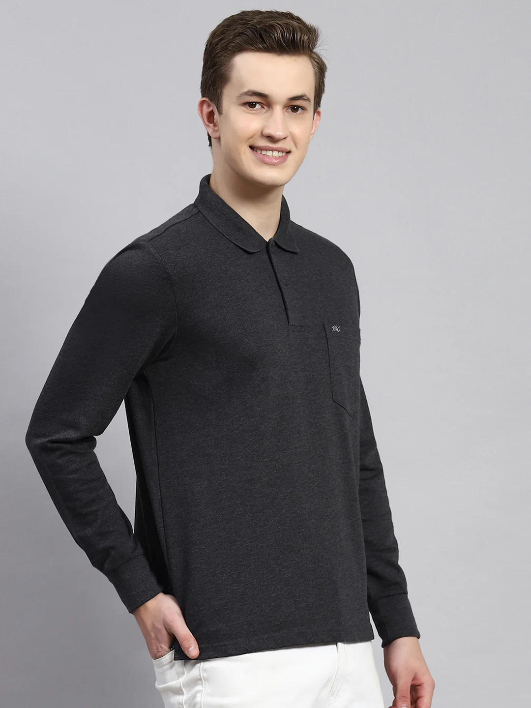 Men Grey Plain Winter T-Shirt - Image 3