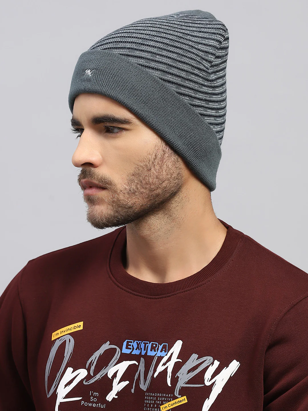 Men Grey Printed Blend Wool Cap - Image 3