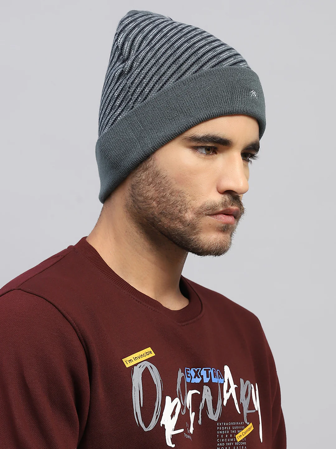 Men Grey Printed Blend Wool Cap - Image 4
