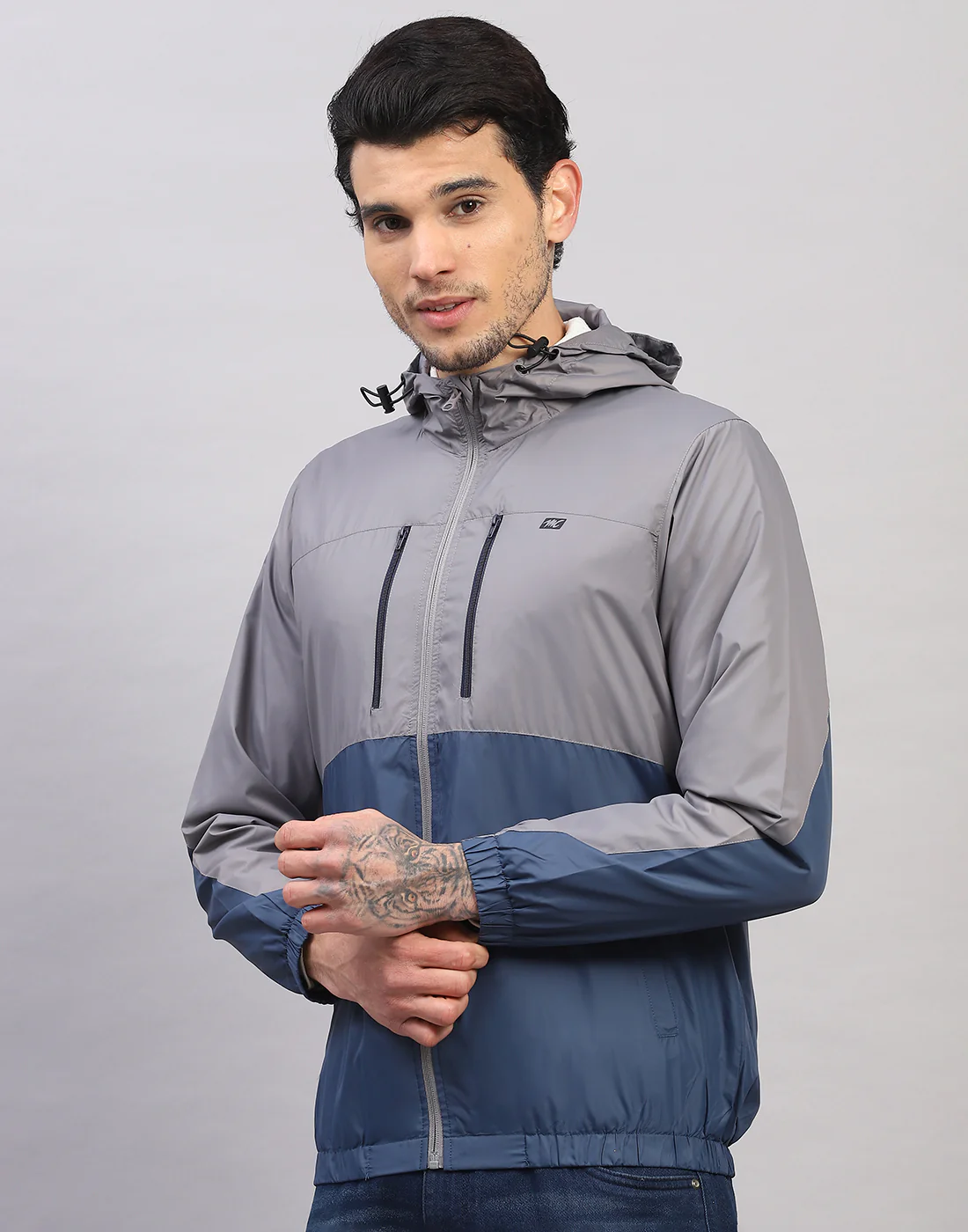 Men Grey Printed Collar Full Sleeve Jacket - Image 2