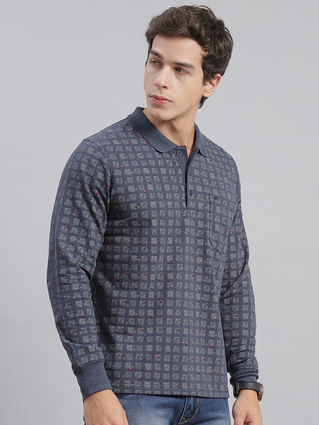 Men Grey Printed Collar Full Sleeve T-Shirts - Image 4