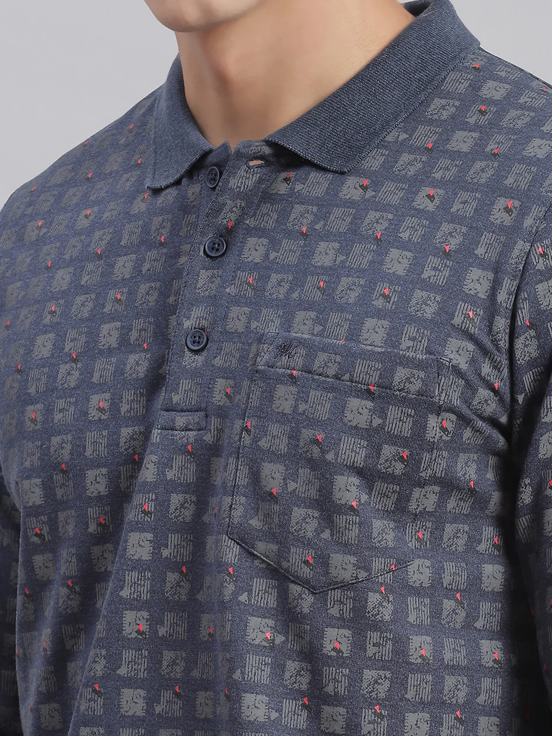Men Grey Printed Collar Full Sleeve T-Shirts - Image 6