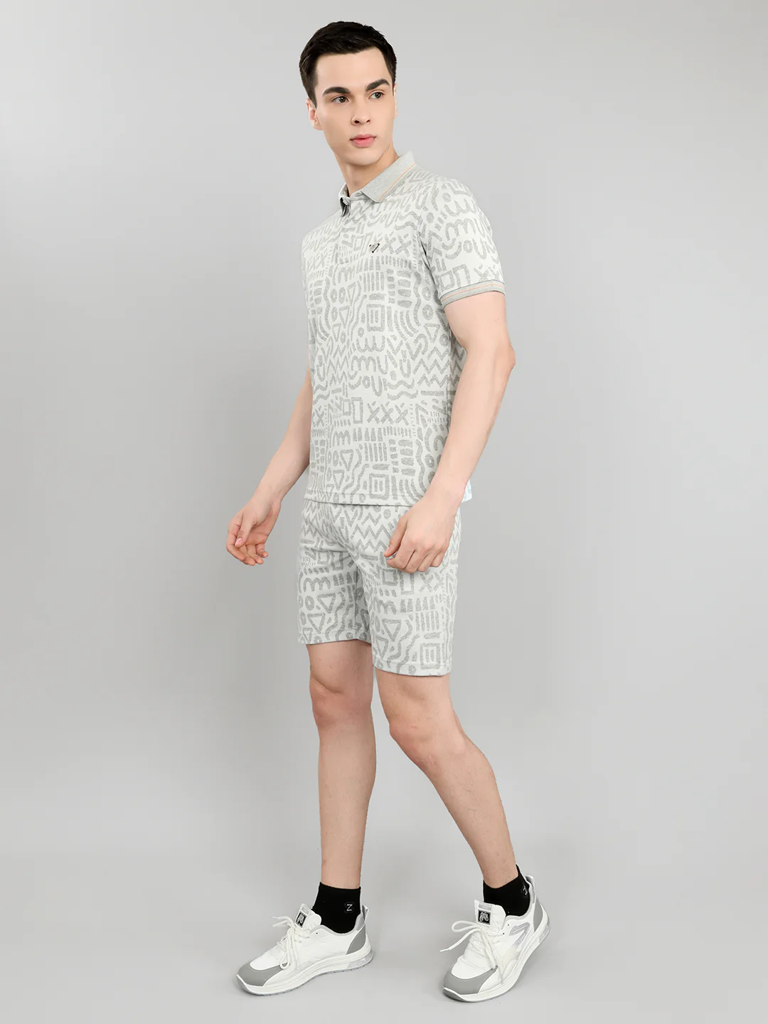 Men Grey Printed Collar Half Sleeve Bermuda Set - Image 2