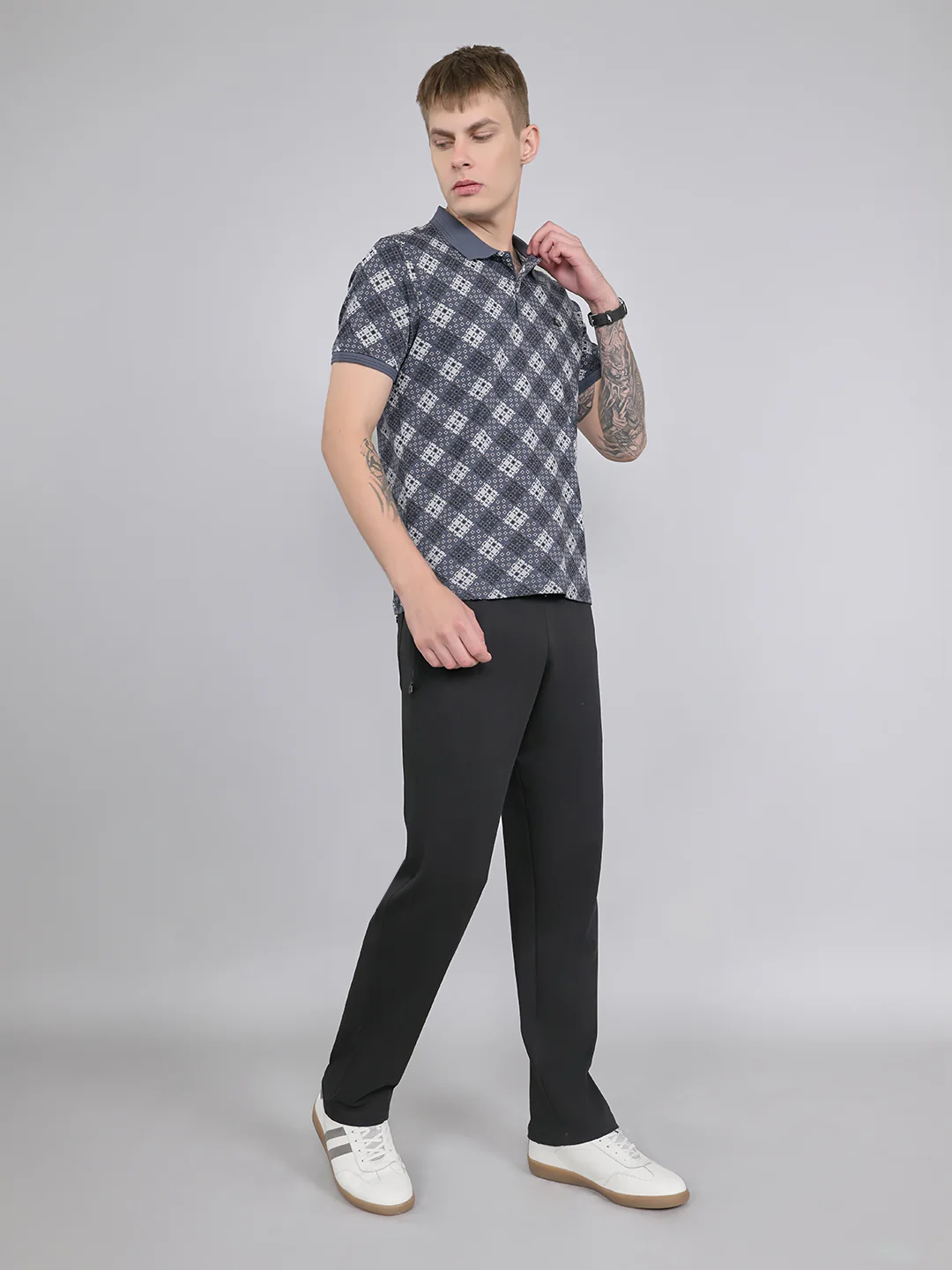 Men Grey Printed Collar Half Sleeve Lower Set - Image 3