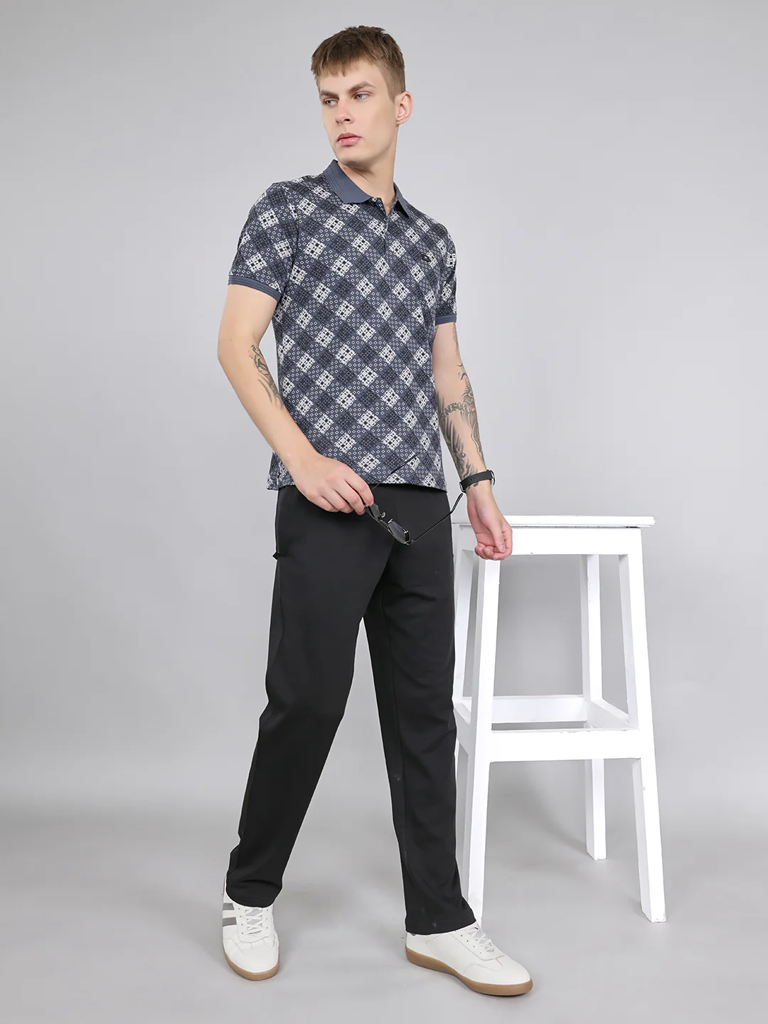 Men Grey Printed Collar Half Sleeve Lower Set - Image 8