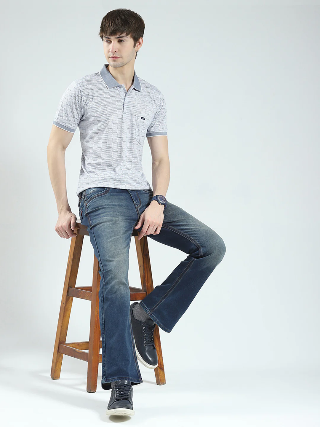Men Grey Printed Collar Half Sleeve T-Shirt - Image 2