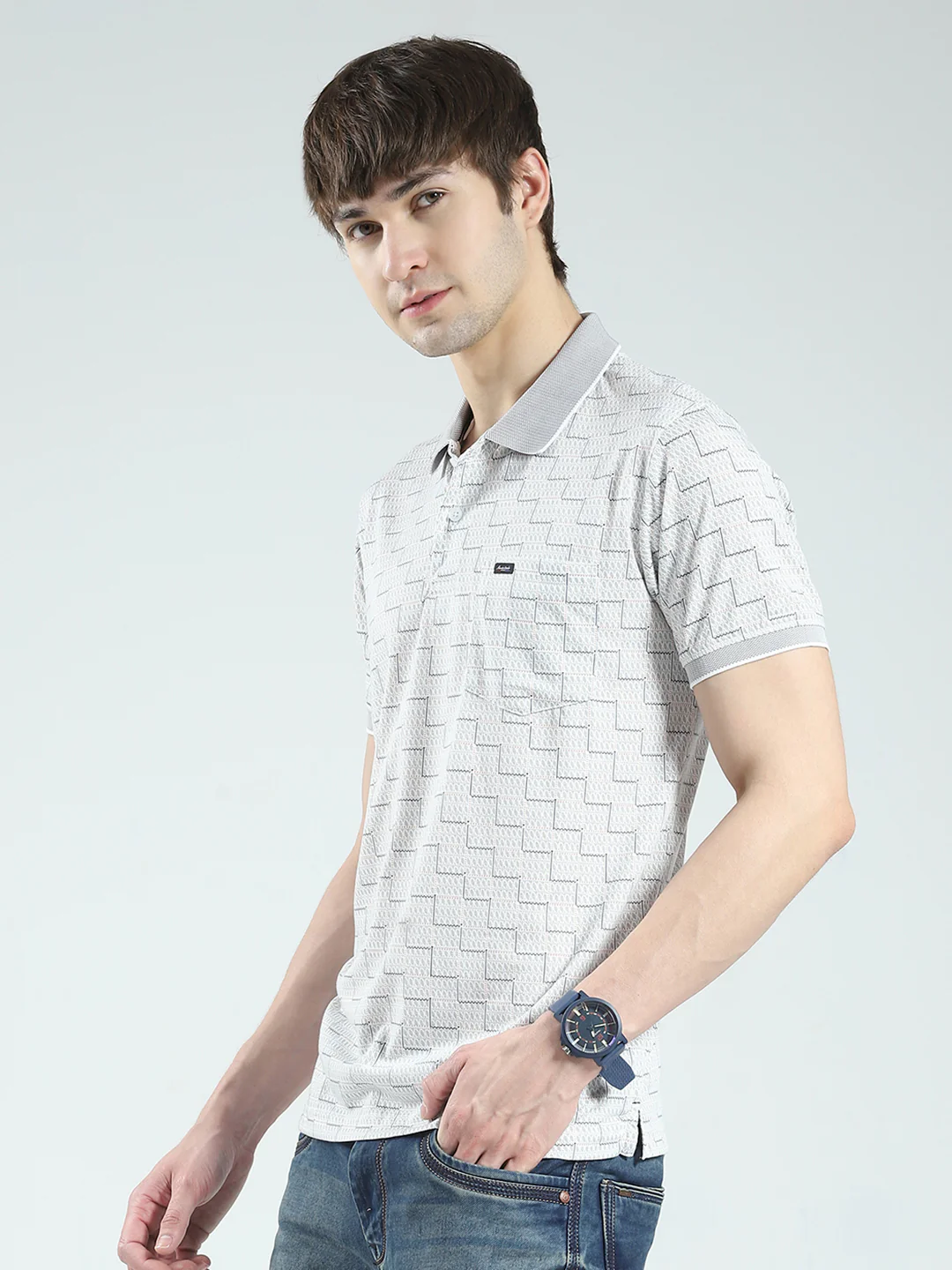 Men Grey Printed Collar Half Sleeve T-Shirt - Image 3