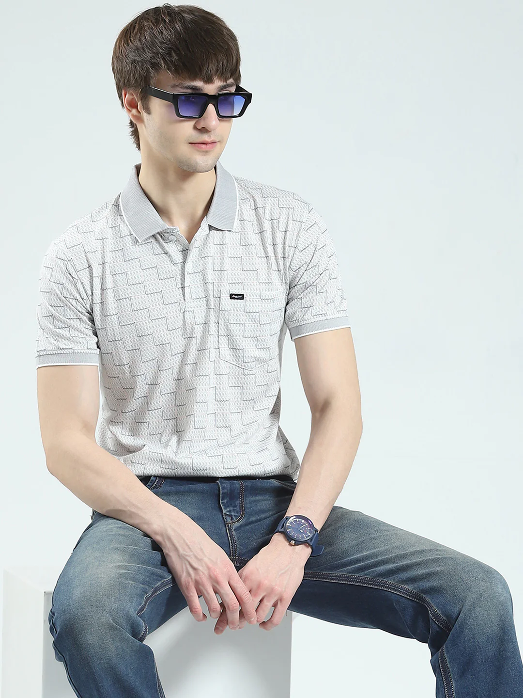 Men Grey Printed Collar Half Sleeve T-Shirt - Image 6