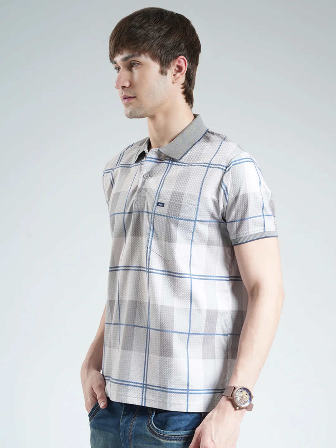 Men Grey Printed Collar Half Sleeve T-Shirt - Image 3