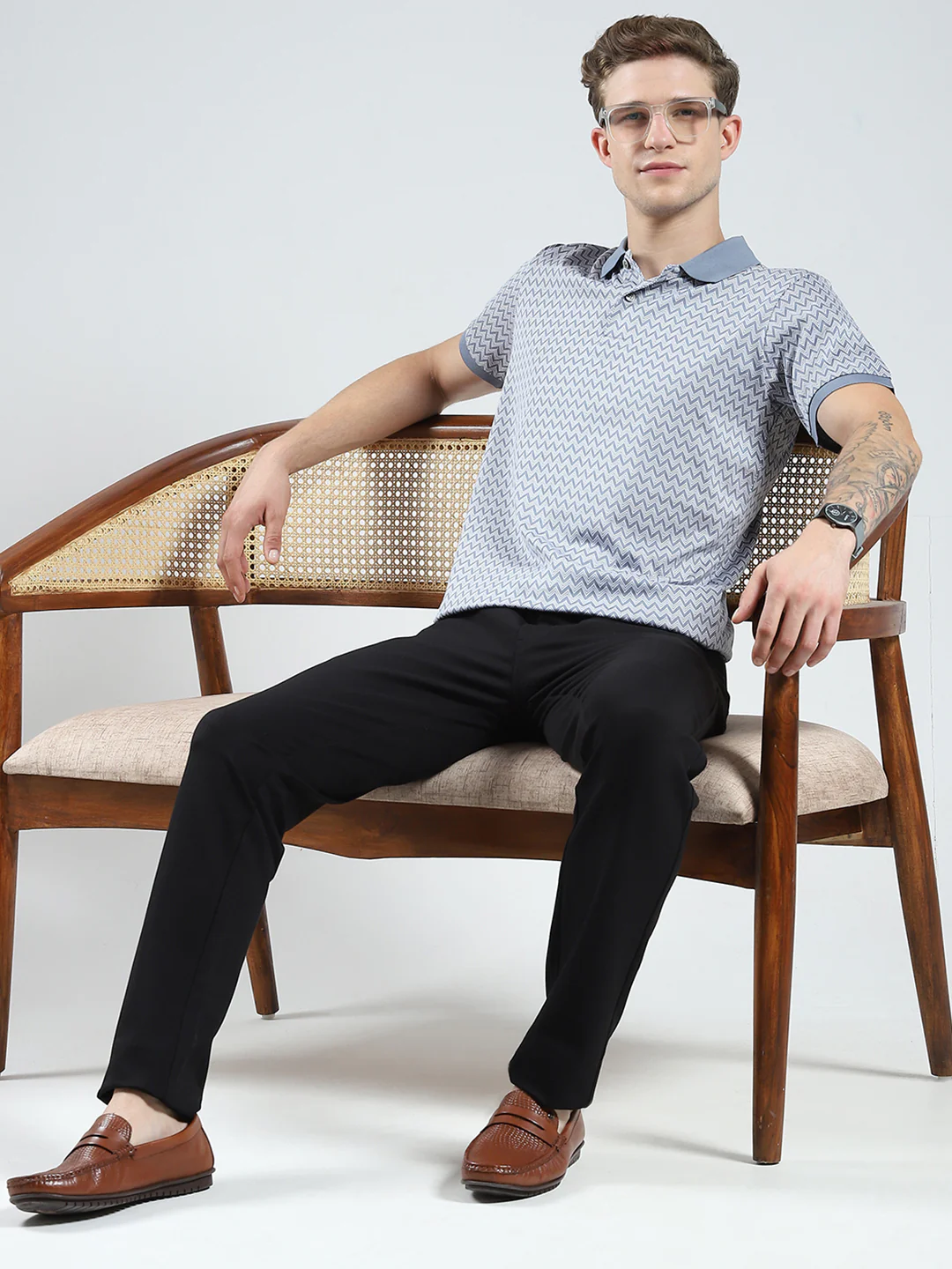 Men Grey Printed Collar Half Sleeve T-Shirt - Image 2