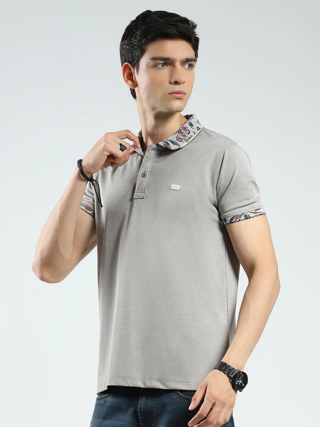 Men Grey Printed Collar Half Sleeve T-Shirt - Image 3