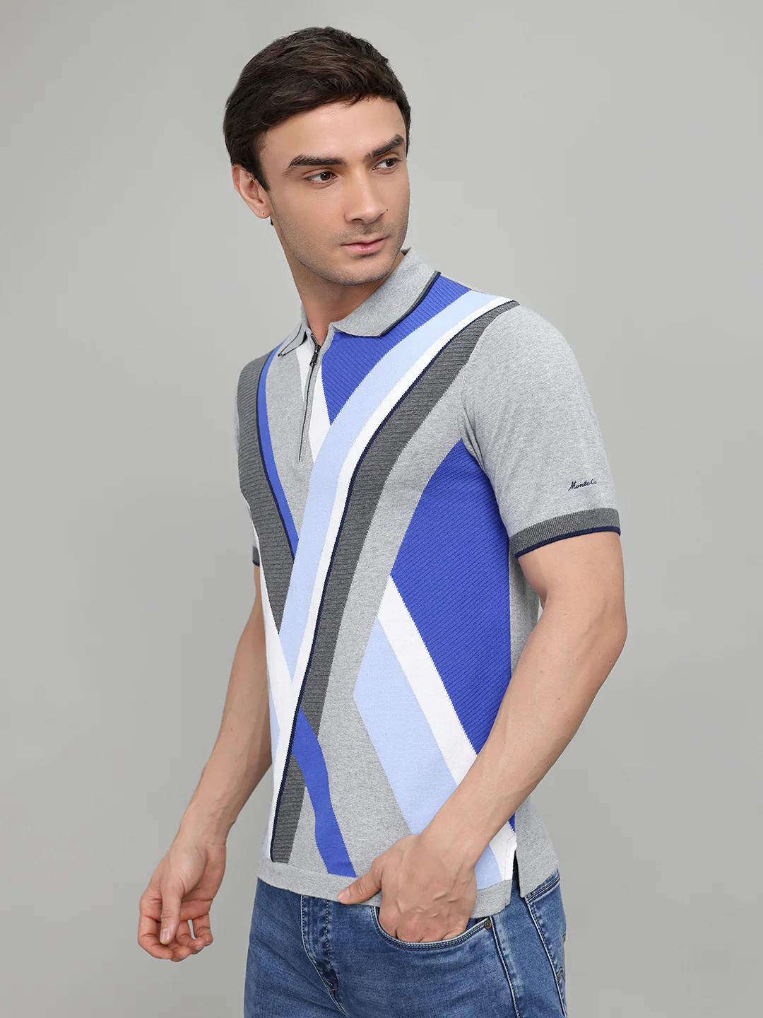 Men Grey Printed Collar Half Sleeve T-Shirt - Image 2