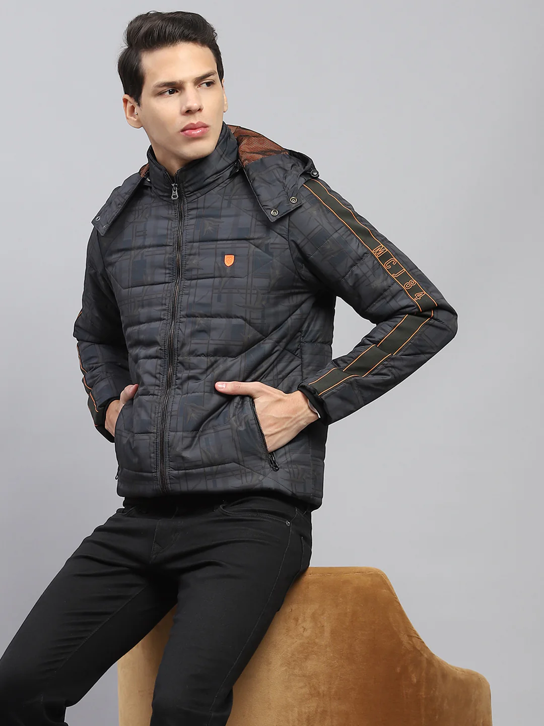 Men Grey Printed Detachable Hood Full Sleeve Jacket - Image 6