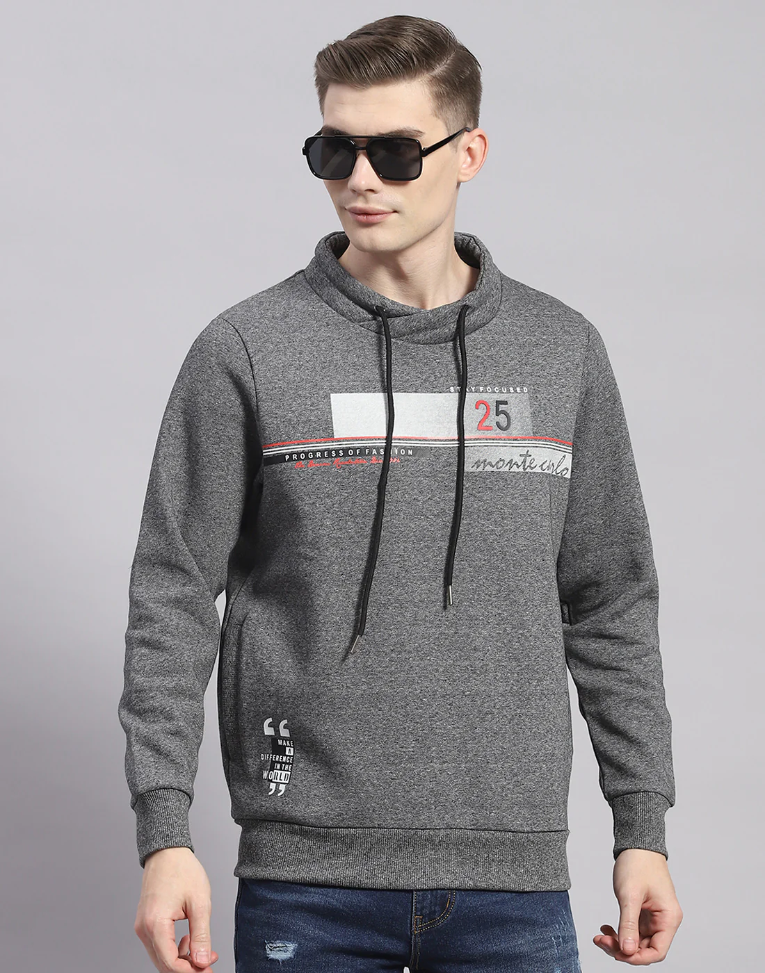 Men Grey Printed F Neck Full Sleeve Sweatshirt - Image 2