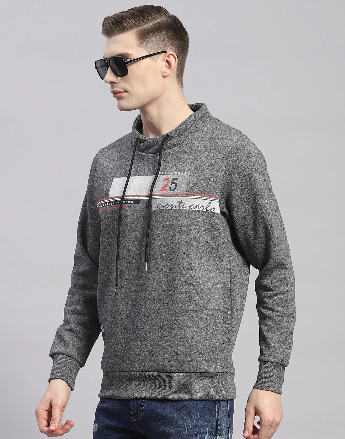 Men Grey Printed F Neck Full Sleeve Sweatshirt - Image 3