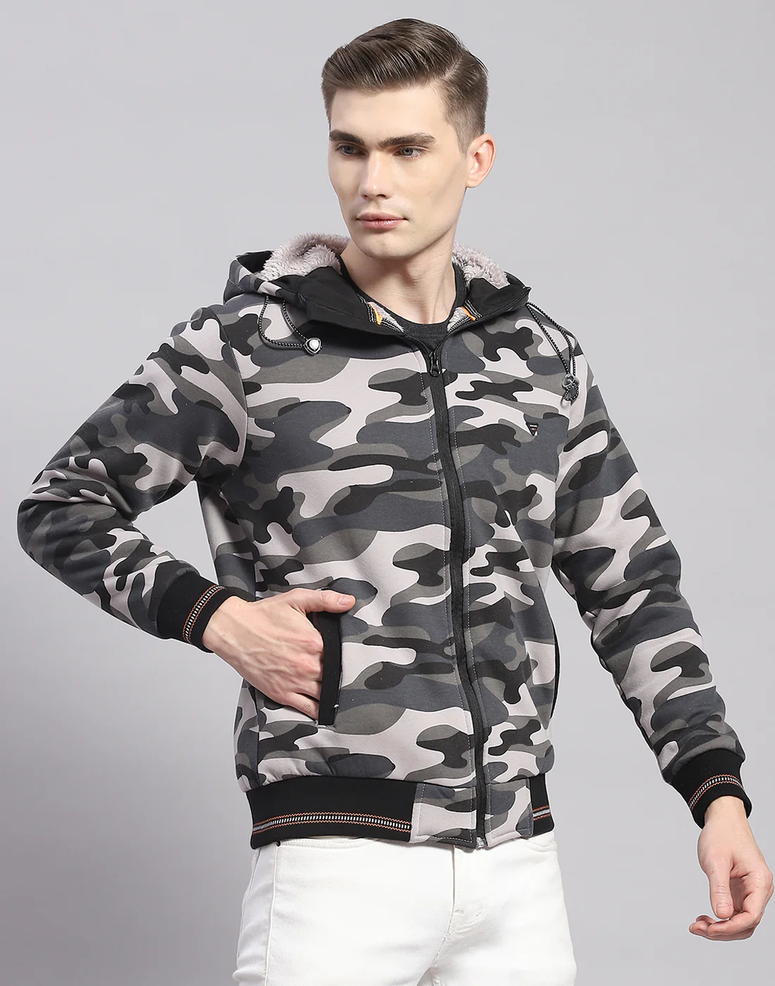 Men Grey Printed Hooded Full Sleeve Sweatshirt - Image 4