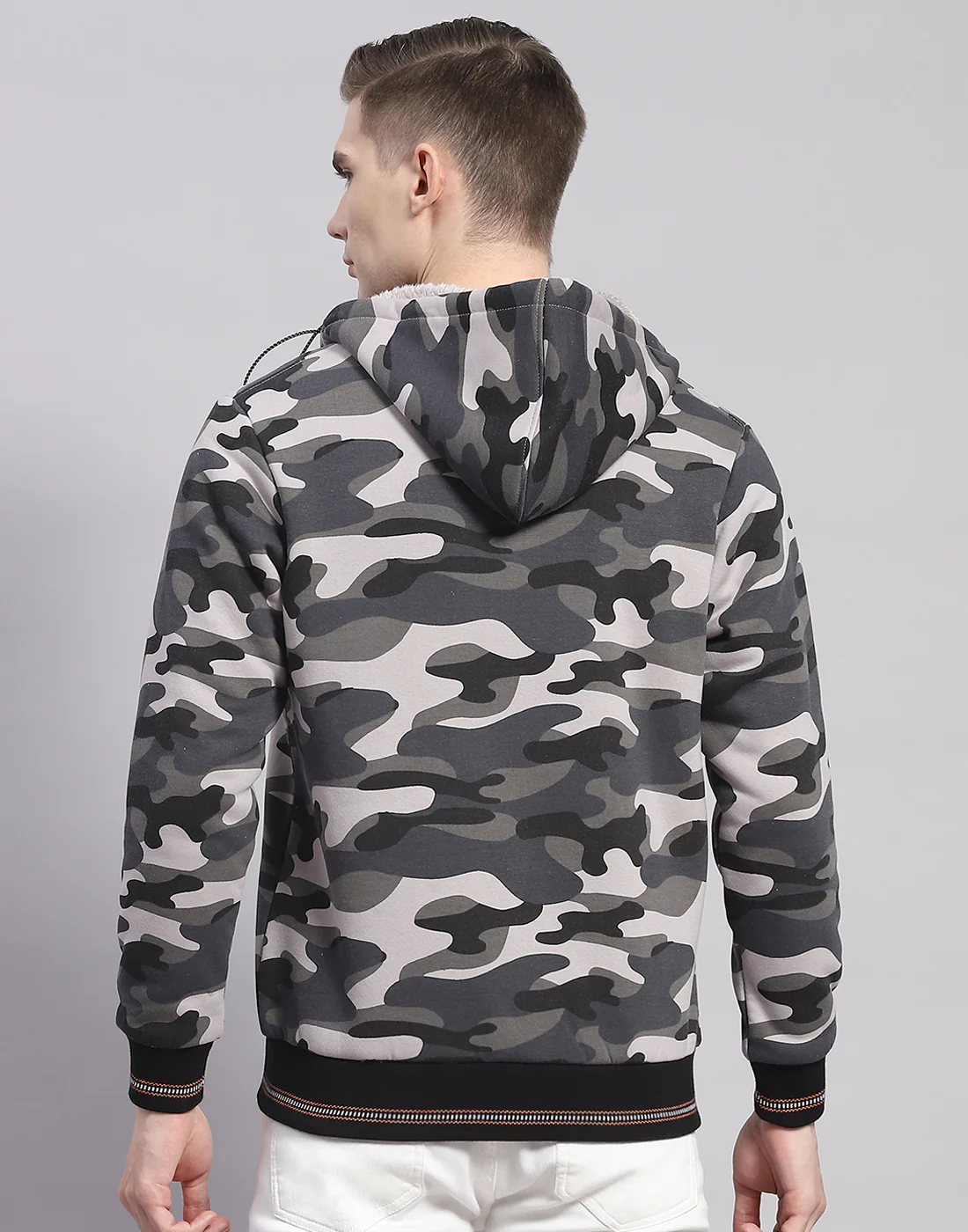 Men Grey Printed Hooded Full Sleeve Sweatshirt - Image 5