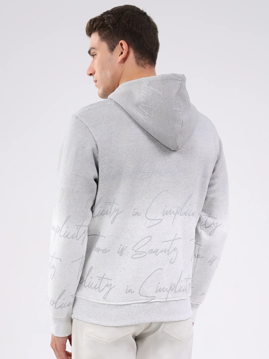 Men Grey Printed Hooded Full Sleeve Sweatshirt - Image 5