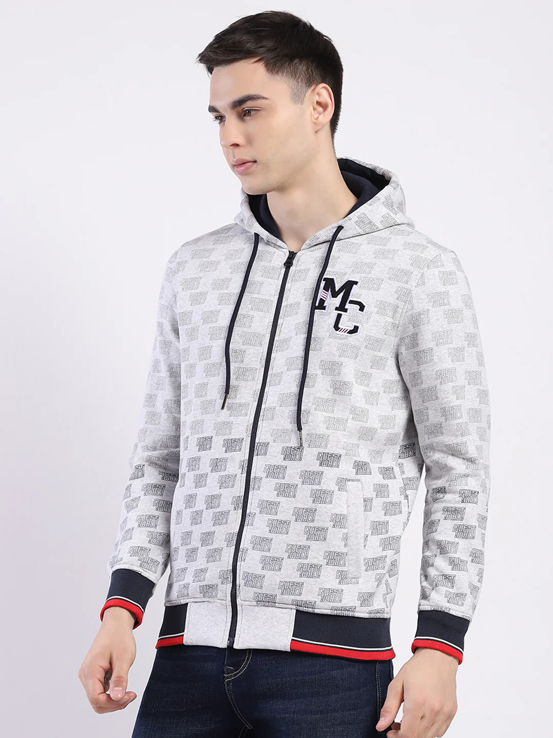 Men Grey Printed Hooded Full Sleeve Sweatshirt - Image 3