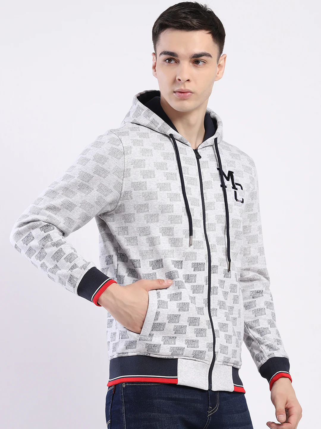 Men Grey Printed Hooded Full Sleeve Sweatshirt - Image 4