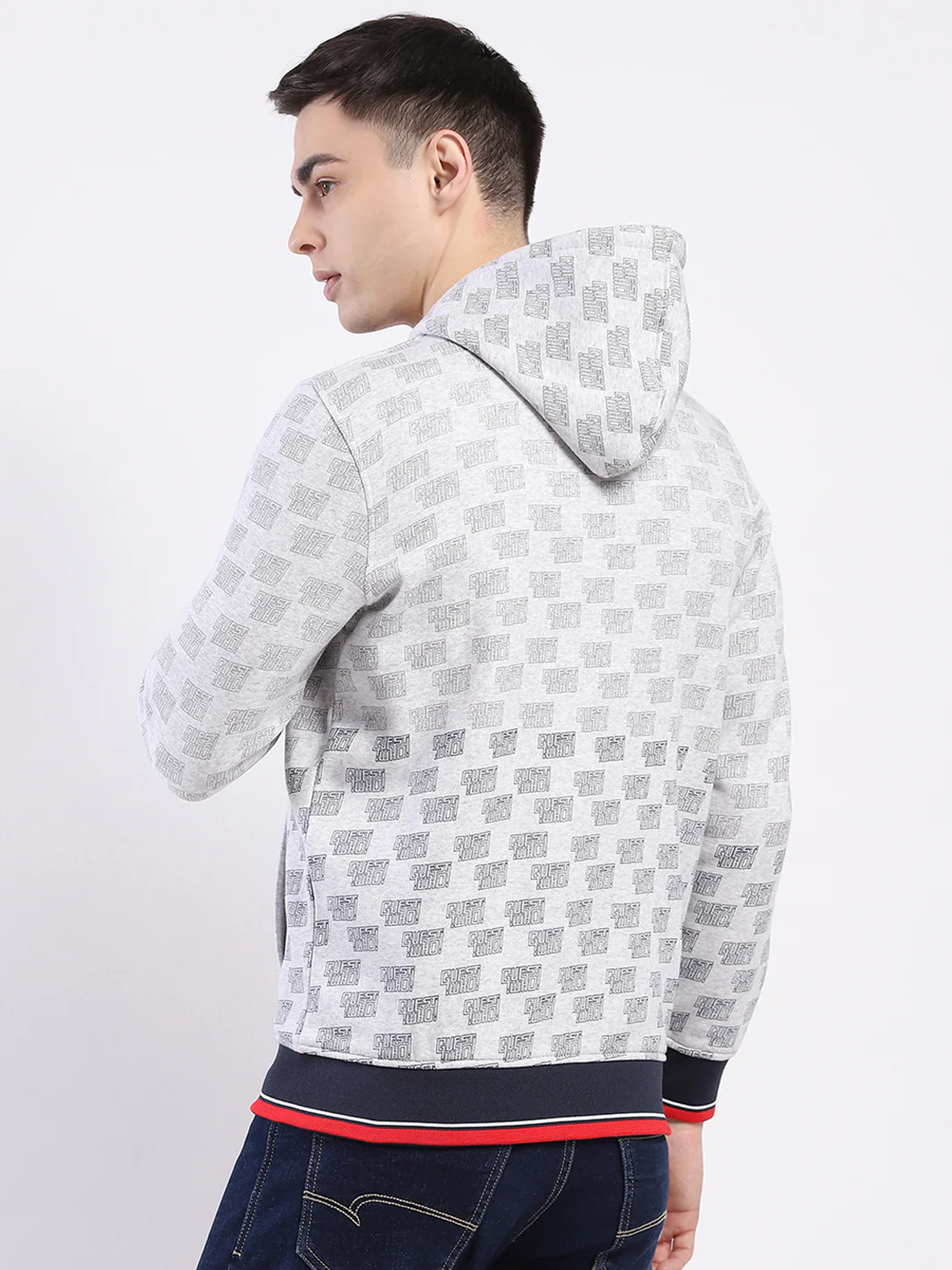 Men Grey Printed Hooded Full Sleeve Sweatshirt - Image 5
