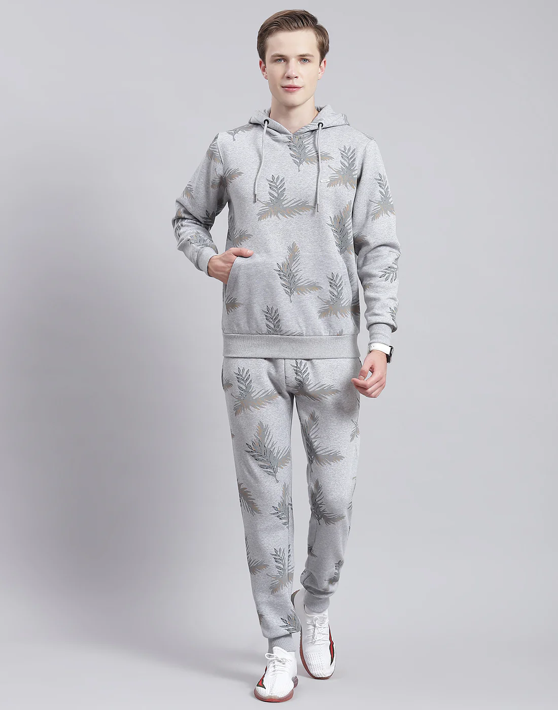 Men Grey Printed Hooded Full Sleeve Tracksuit - Image 2