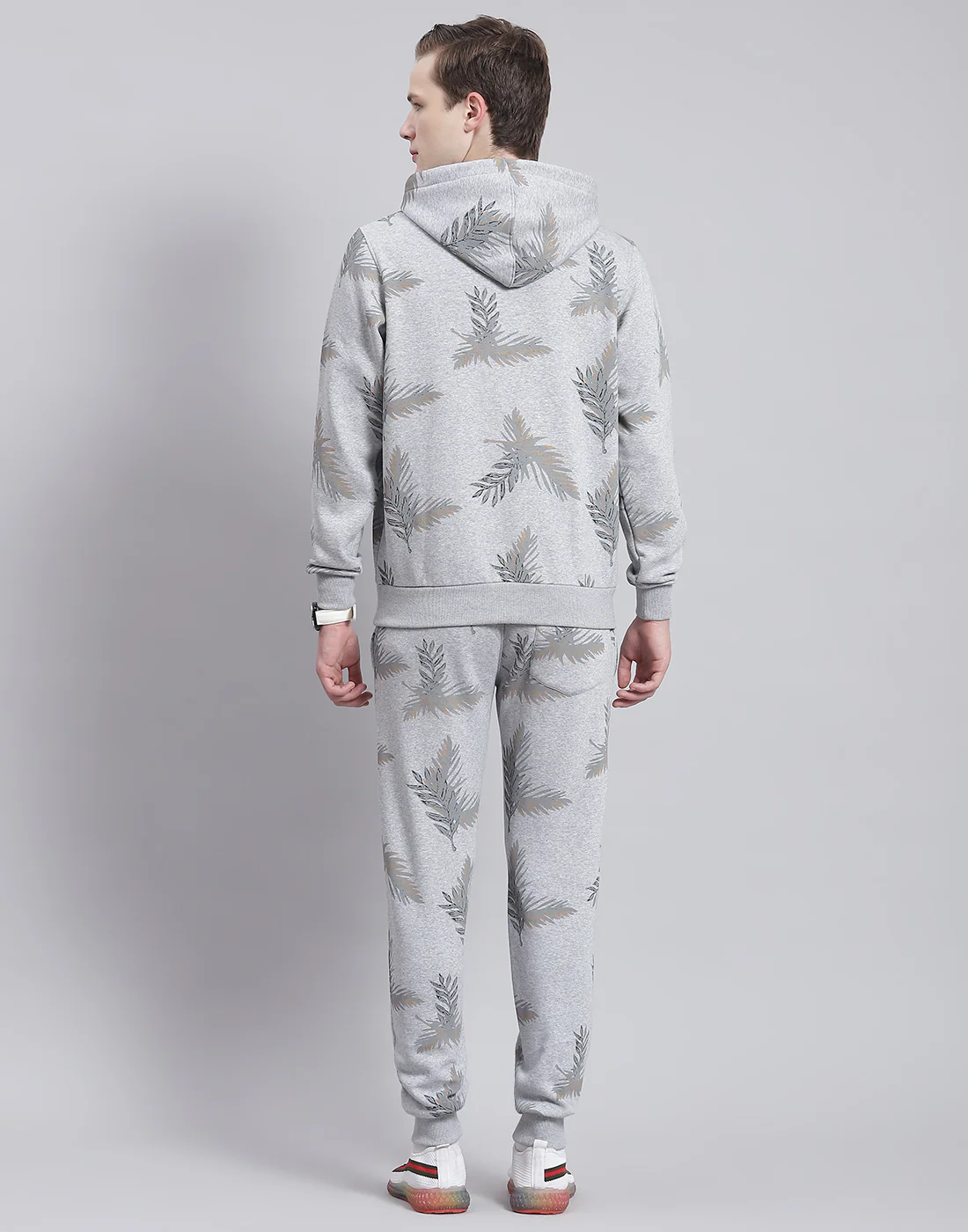 Men Grey Printed Hooded Full Sleeve Tracksuit - Image 5
