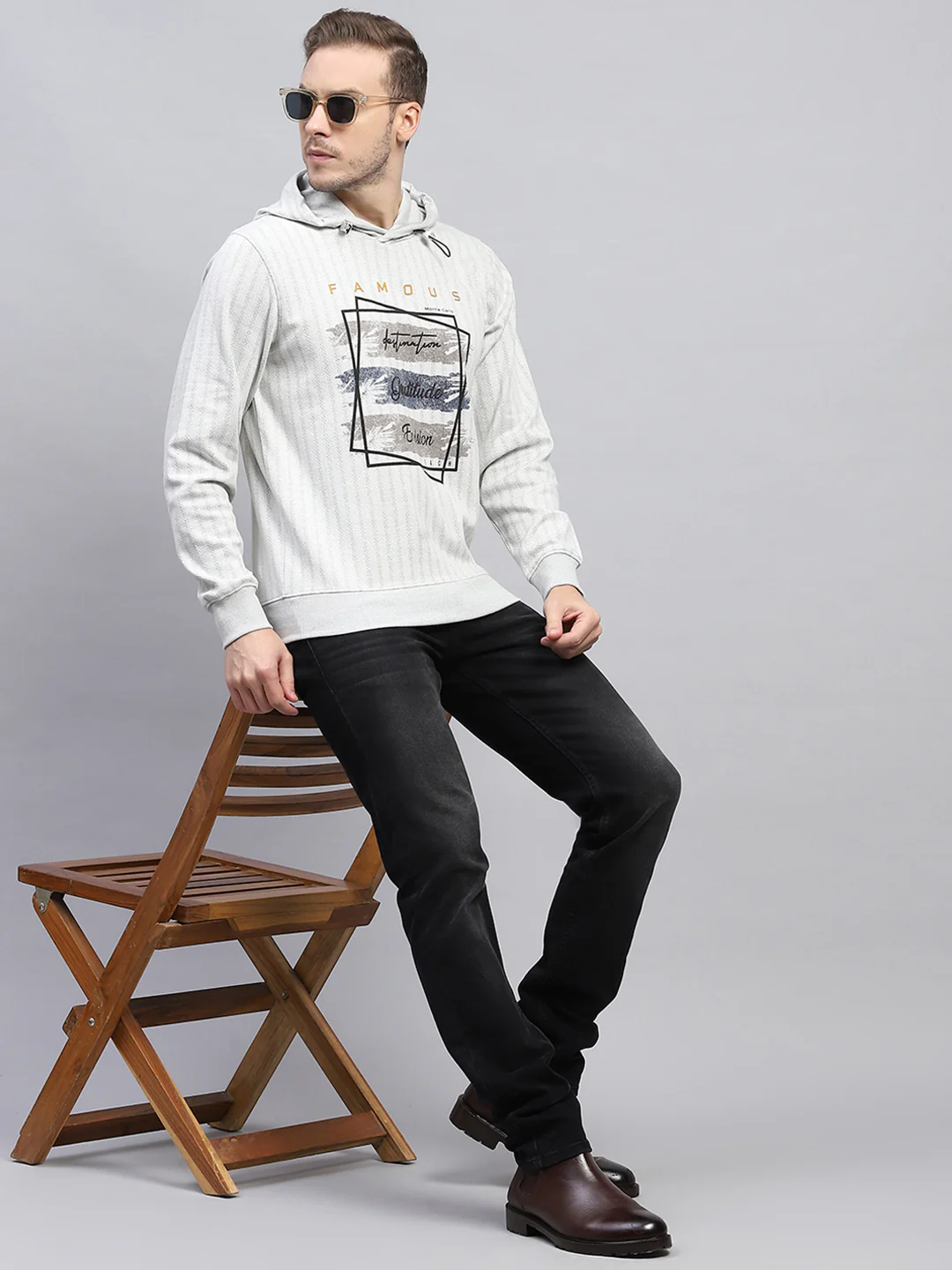Men Grey Printed Hooded Full Sleeve Winter T-Shirt - Image 2