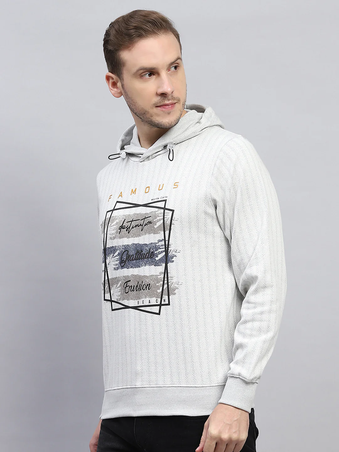 Men Grey Printed Hooded Full Sleeve Winter T-Shirt - Image 3